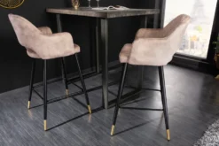 Design Barhocker PARIS greige Samt mit Lehne Metall schwarz gold Ziersteppung
