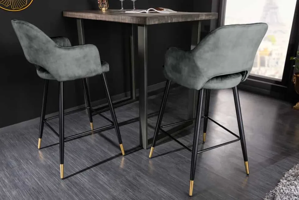 Design Barhocker PARIS grün Samt mit Lehne Metall schwarz gold Ziersteppung