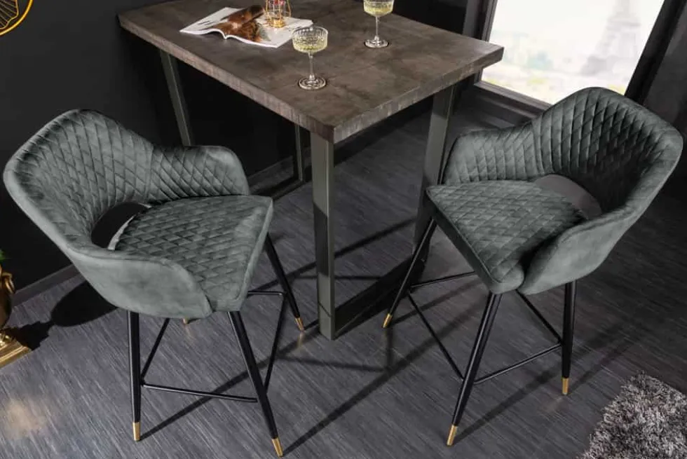 Design Barhocker PARIS grün Samt mit Lehne Metall schwarz gold Ziersteppung