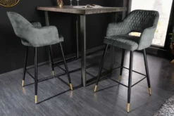 Design Barhocker PARIS grün Samt mit Lehne Metall schwarz gold Ziersteppung
