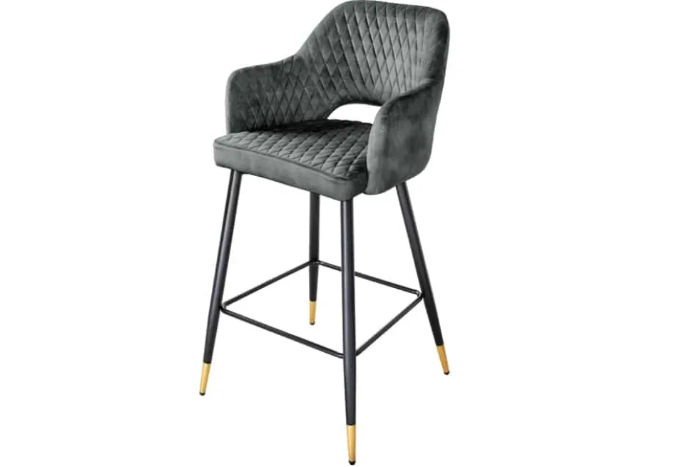 Design Barhocker PARIS grün Samt mit Lehne Metall schwarz gold Ziersteppung