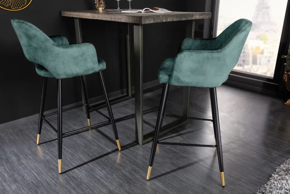 Design Barhocker PARIS petrol Samt Ziersteppung Fußkappen gold mit Armlehnen