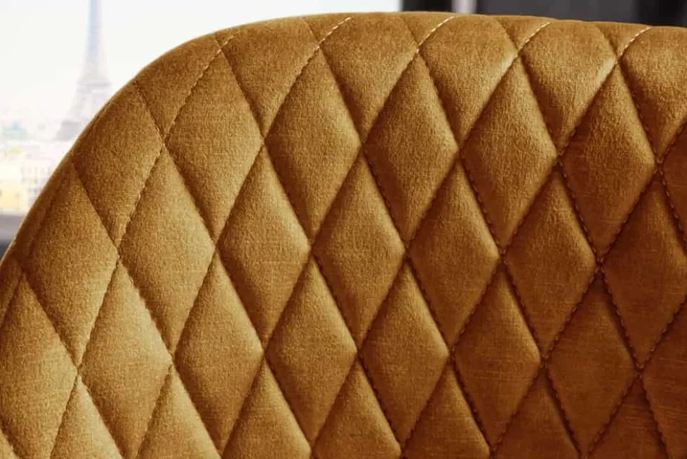 Design Barhocker PARIS senfgelb Samt mit Lehne Metall schwarz gold Ziersteppung