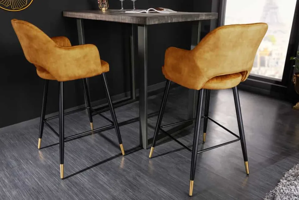 Design Barhocker PARIS senfgelb Samt mit Lehne Metall schwarz gold Ziersteppung