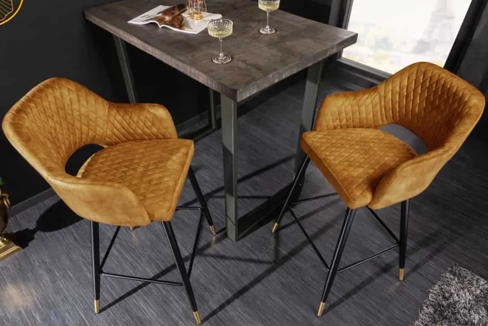 Design Barhocker PARIS senfgelb Samt mit Lehne Metall schwarz gold Ziersteppung