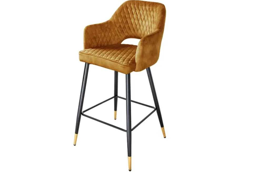 Design Barhocker PARIS senfgelb Samt mit Lehne Metall schwarz gold Ziersteppung