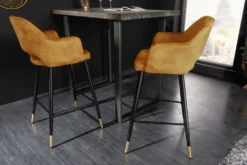 Design Barhocker PARIS senfgelb Samt mit Lehne Metall schwarz gold Ziersteppung