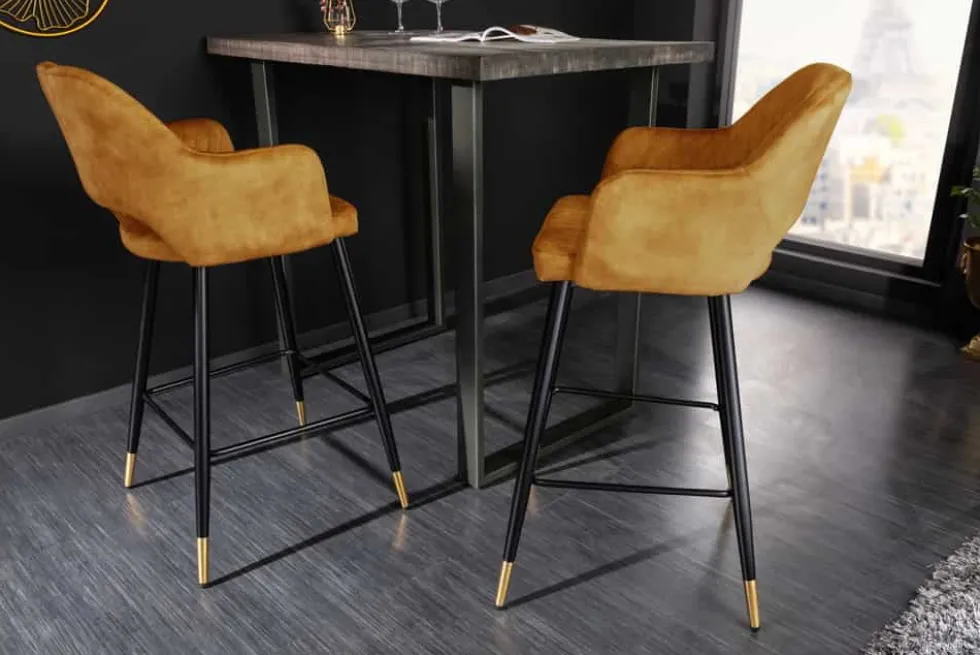 Design Barhocker PARIS senfgelb Samt mit Lehne Metall schwarz gold Ziersteppung