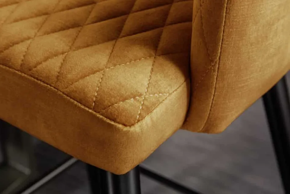 Design Barhocker PARIS senfgelb Samt mit Lehne Metall schwarz gold Ziersteppung