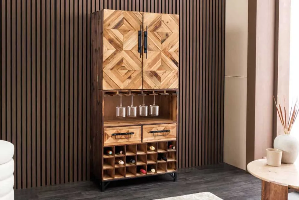 Design Barschrank BODEGA 160cm natur Pinienholz Weinregal Glashalter Schubladen