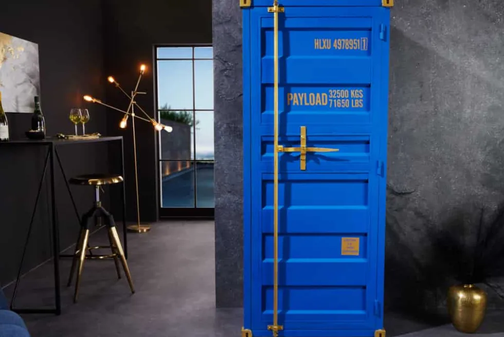 Design Barschrank Container GLOBETROTTER 180cm blau Weinregal Upcycling