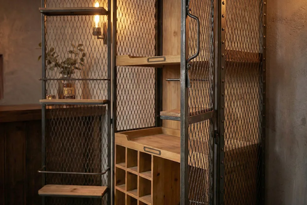 Design Barschrank LOFT 150cm natur Pinienholz Metall mit Flaschenregal