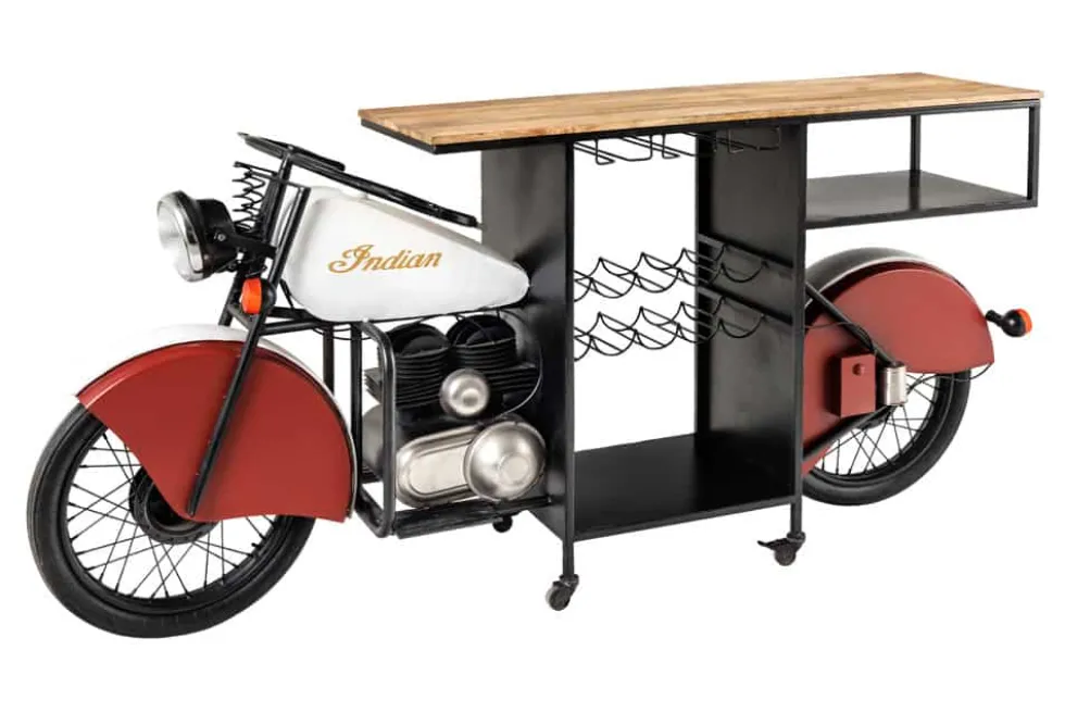 Design Bartisch EASY RIDER 230cm weiß rot schwarz Mangoholz Motorrad Upcycling