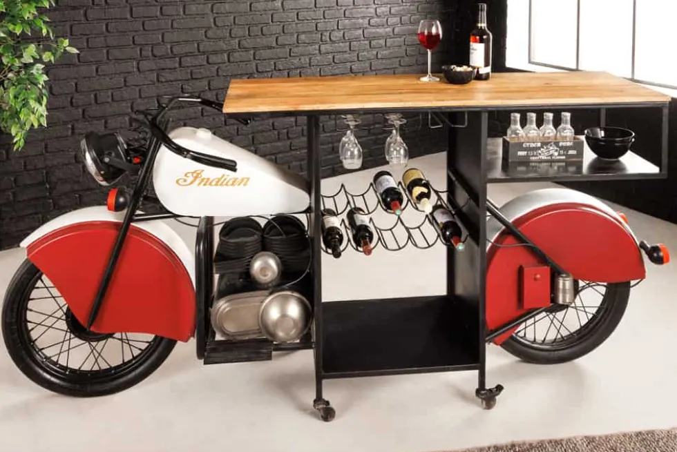 Design Bartisch EASY RIDER 230cm weiß rot schwarz Mangoholz Motorrad Upcycling