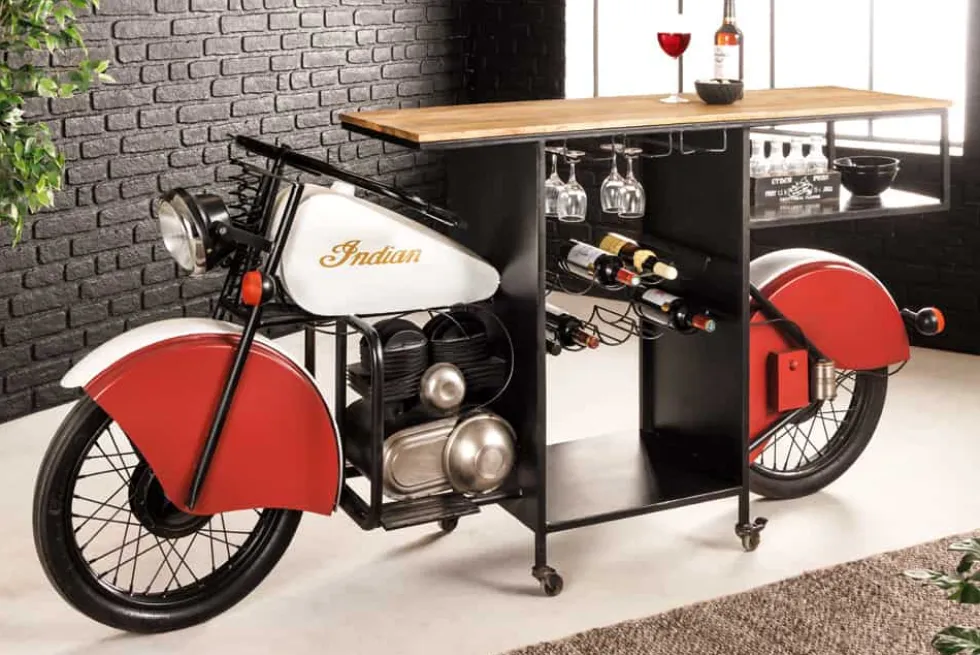 Design Bartisch EASY RIDER 230cm weiß rot schwarz Mangoholz Motorrad Upcycling