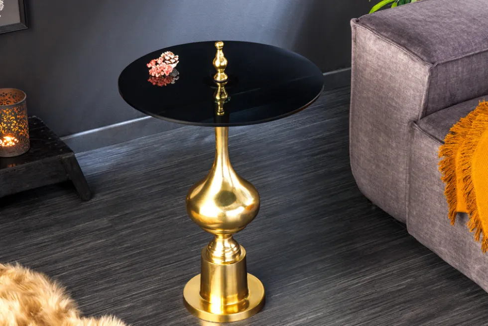 Design Beistelltisch ABSTRACT 45cm gold Metall schwarze Glasplatte handmade rund