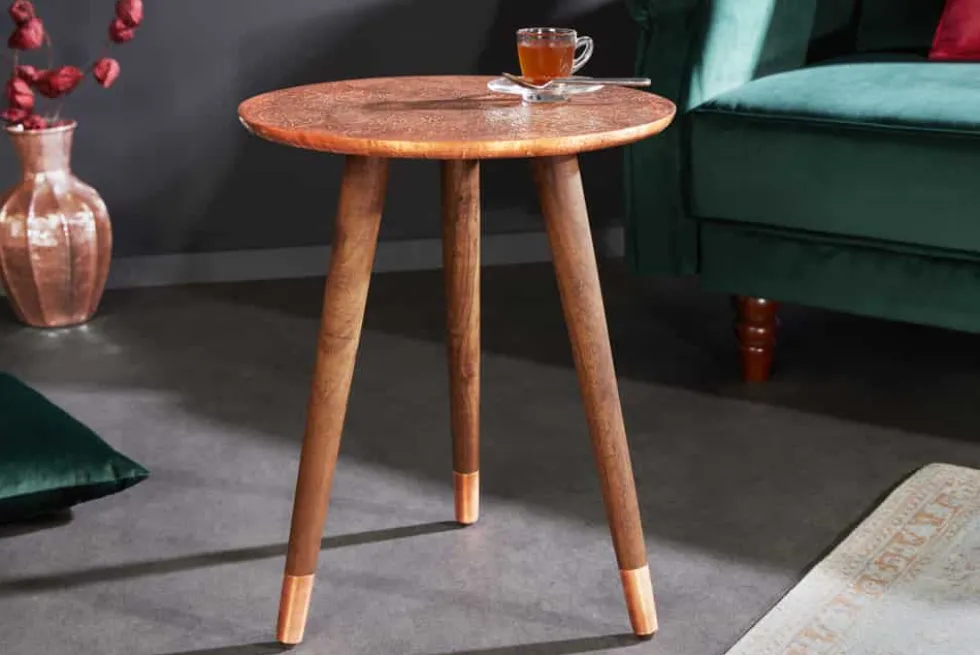 Design Beistelltisch ALCAZAR 50cm antik kupfer Metall Mangoholz Handarbeit rund