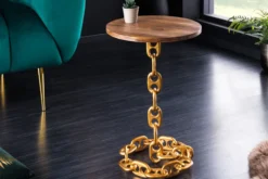 Design Beistelltisch CHAINS 55cm gold Mangoholz handmade Metall rund Kettengestell massiv