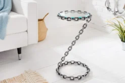 Design Beistelltisch CHAINS 35cm silber handmade Metall rund Glasplatte Kettengestell