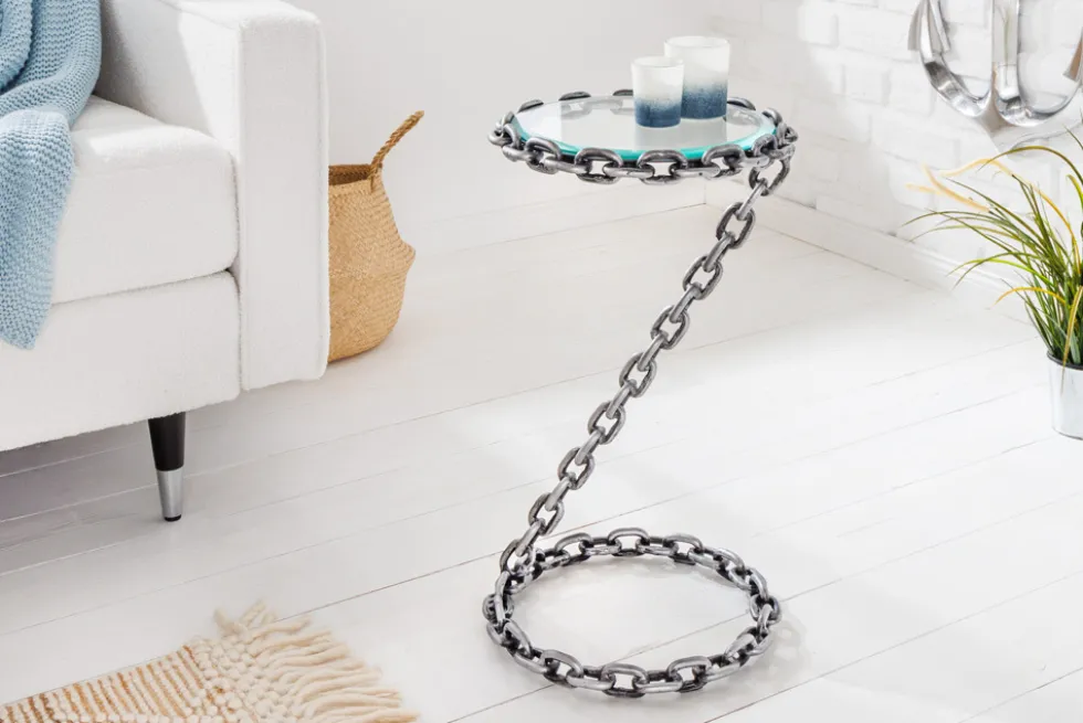 Design Beistelltisch CHAINS 35cm silber handmade Metall rund Glasplatte Kettengestell
