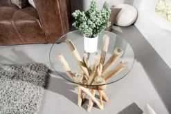 Design Beistelltisch DRIFTWOOD 40cm Teakholz mit Glasplatte rund Couchtisch