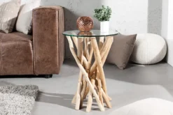 Design Beistelltisch DRIFTWOOD 40cm Teakholz mit Glasplatte rund Couchtisch