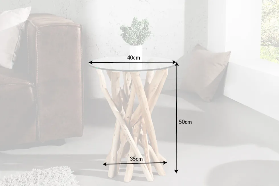 Design Beistelltisch DRIFTWOOD 40cm Teakholz mit Glasplatte rund Couchtisch