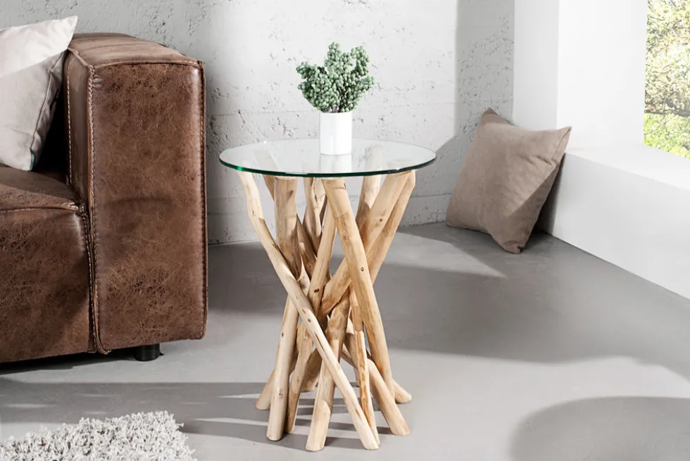 Design Beistelltisch DRIFTWOOD 40cm Teakholz mit Glasplatte rund Couchtisch