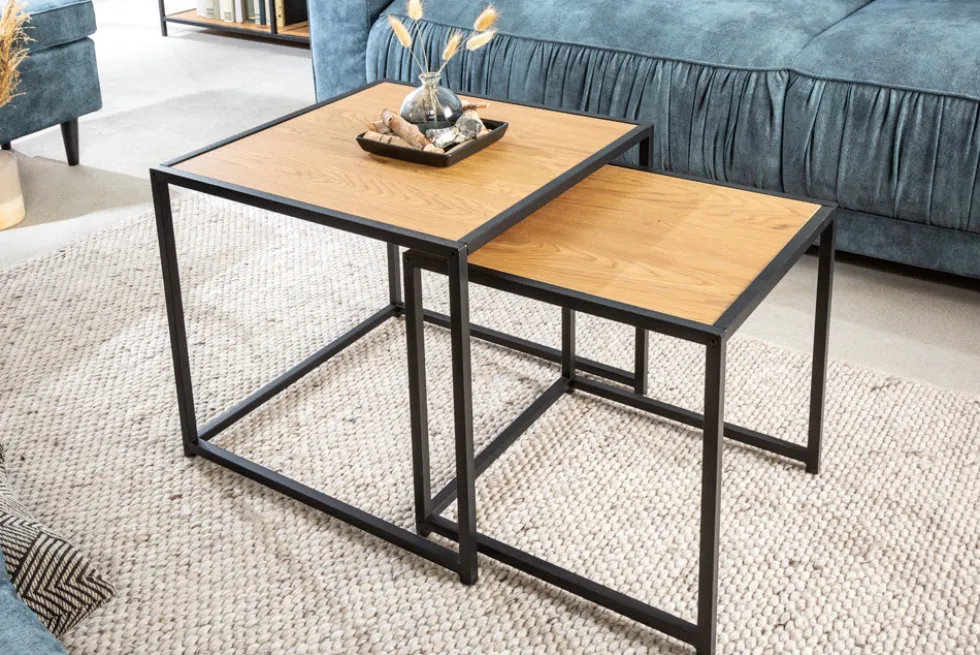 Design Beistelltische 2er Set SLIM LINE 50cm Wildeiche schwarz Industrial Stil