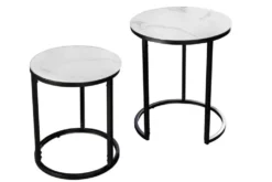 Design Beistelltisch ELEGANCE 2er Set weiß rund Kristallglas mit Marmor-Dekor schwarzes Gestell
