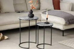 Design Beistelltisch 2er Set ELEMENTS 40cm grau Marmor schwarzes Gestell rund