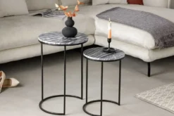 Design Beistelltisch 2er Set ELEMENTS 40cm grau Marmor schwarzes Gestell rund