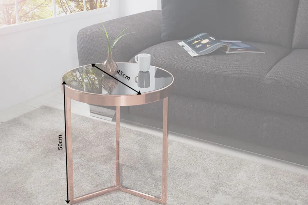 Design Beistelltisch Original ASTRO 50cm kupfer Metall schwarze Glasplatte Couchtisch rund