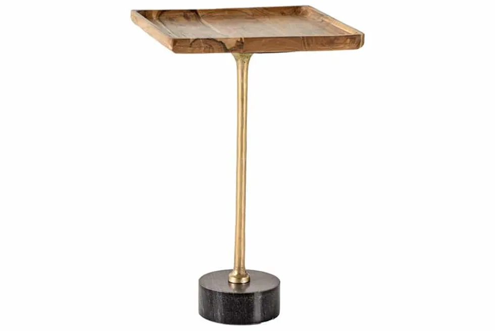 Design Beistelltisch TRAYFUL 55cm natur Akazie Massivholz schwarzer Marmorfuß gold Metall