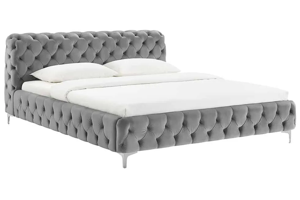 Design Bett MODERN BAROCK 160x200cm grau Samt Chesterfield Doppelbett