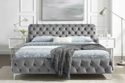 Design Bett MODERN BAROCK 160x200cm grau Samt Chesterfield Doppelbett