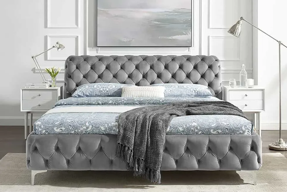 Design Bett MODERN BAROCK 160x200cm grau Samt Chesterfield Doppelbett