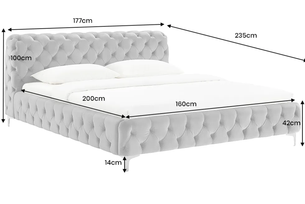Design Bett MODERN BAROCK 160x200cm grau Samt Chesterfield Doppelbett