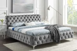 Design Bett MODERN BAROCK 160x200cm grau Samt Chesterfield Doppelbett