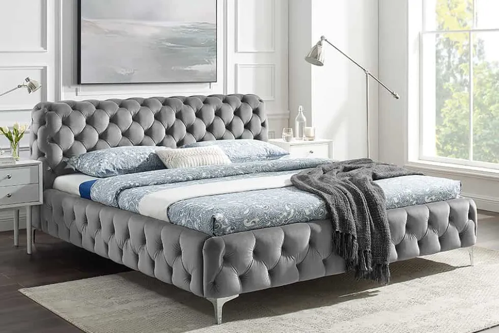 Design Bett MODERN BAROCK 160x200cm grau Samt Chesterfield Doppelbett