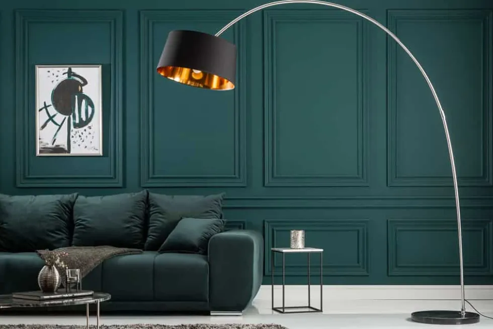 Design Bogenlampe FORMA 215cm schwarz gold Stehlampe mit Marmorfuß