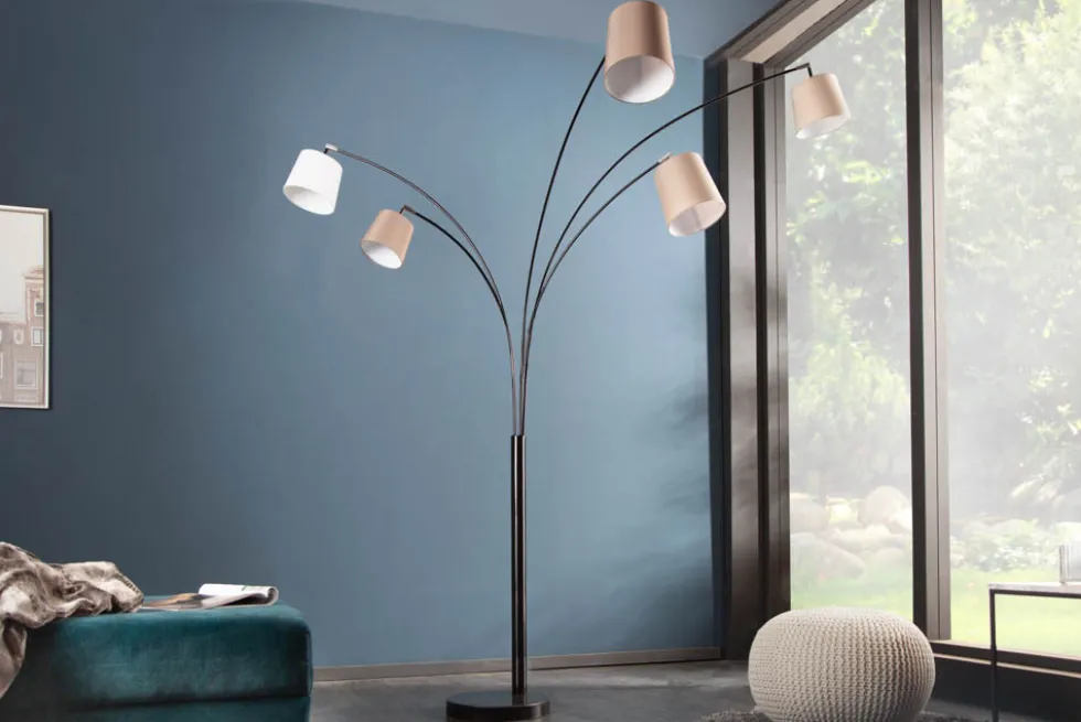 Design Bogenlampe LEVELS 205cm weiß beige braun 5 Leinenschirme Stehlampe