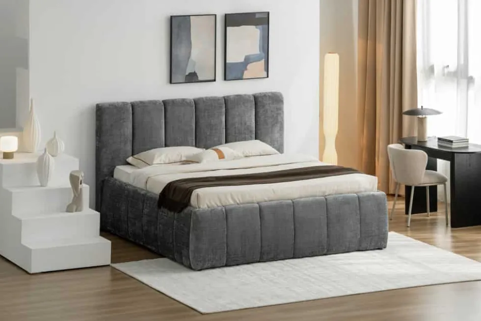 Design Boxbett ADLON 180x200cm grau Chenille mit Stauraum und Lattenrost