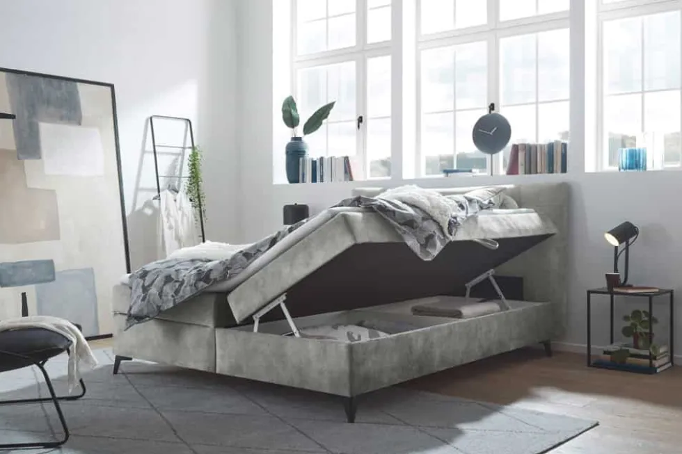Design Boxbett DECADENCIA 180x200cm silbergrau Samt mit Stauraum Matratze Topper