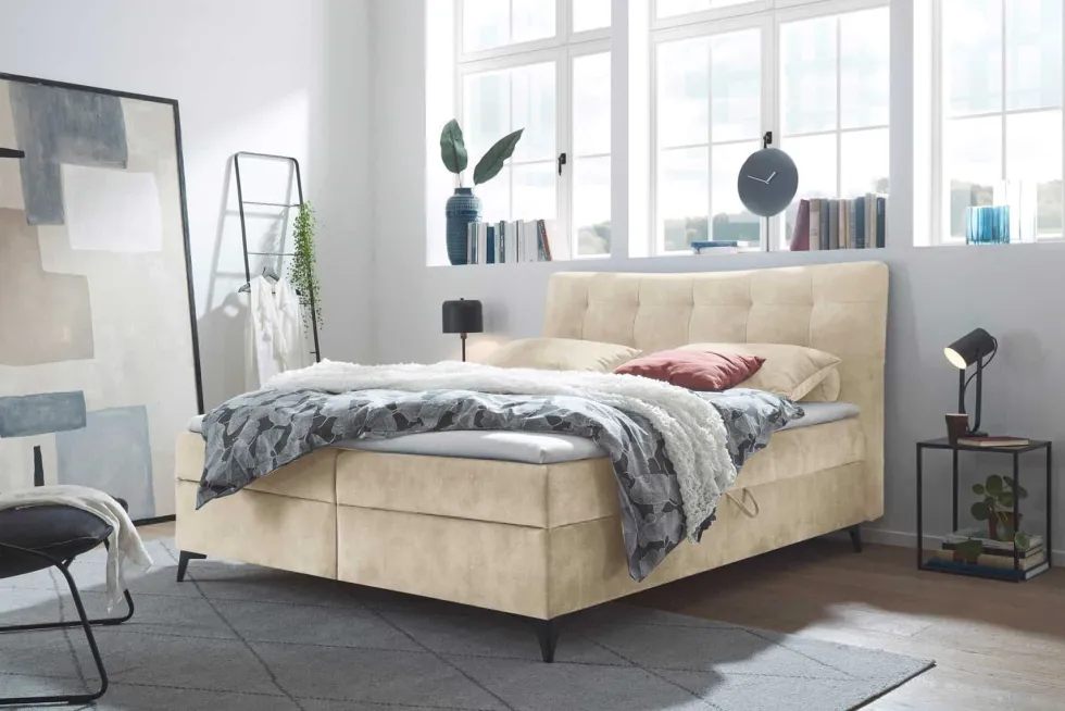 Design Boxbett DECADENCIA 180x200cm beige Samt mit Stauraum Matratze Topper
