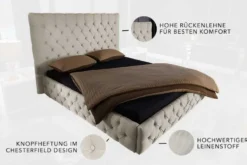Design Boxbett PARIS 180x200cm beige Leinen Chesterfield Doppelbett