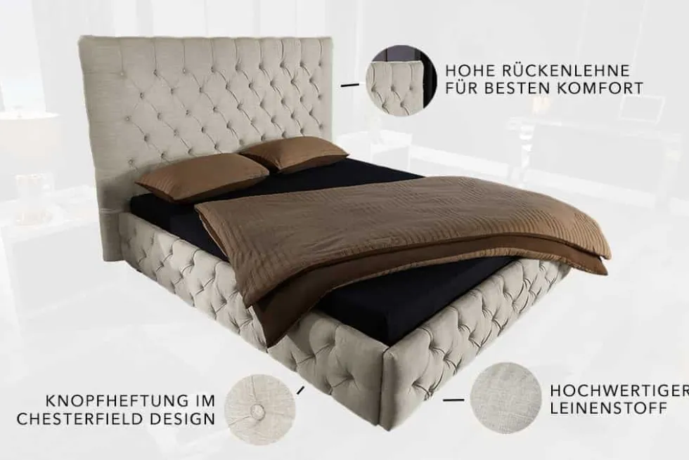Design Boxbett PARIS 180x200cm beige Leinen Chesterfield Doppelbett