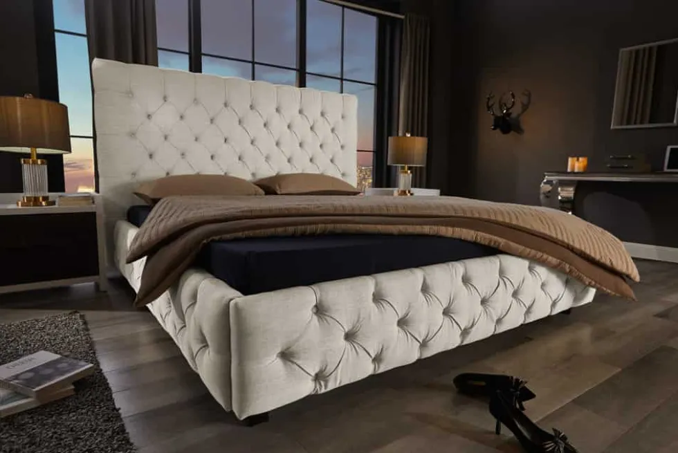 Design Boxbett PARIS 180x200cm beige Leinen Chesterfield Doppelbett