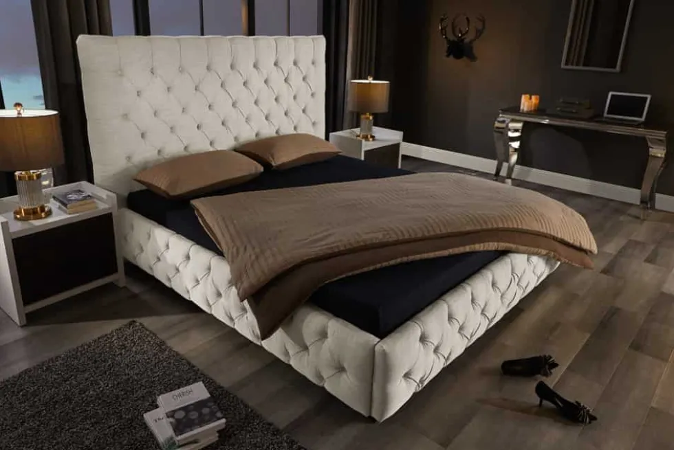 Design Boxbett PARIS 180x200cm beige Leinen Chesterfield Doppelbett