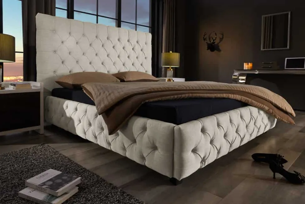 Design Boxbett PARIS 180x200cm beige Leinen Chesterfield Doppelbett